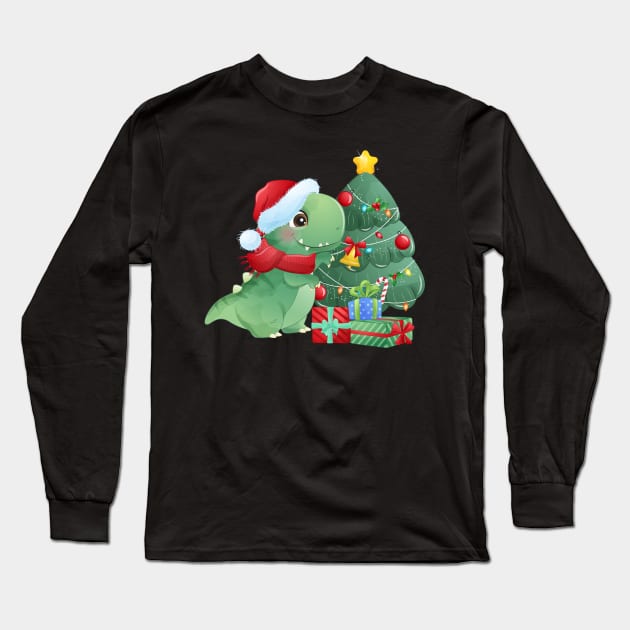 Cute Christmas T Rex Dinosaur With Christmas Tree And Gift Boxes Long Sleeve T-Shirt by P-ashion Tee